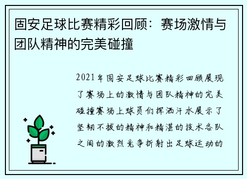 固安足球比赛精彩回顾：赛场激情与团队精神的完美碰撞